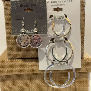NWT 2 packs -4 total pairs of silver tone earrings. Dress Barn coins; 3 pr hoops